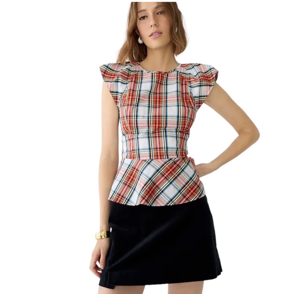 NWT J.Crew Cap-sleeve peplum top in Snowy Stewart tartan
